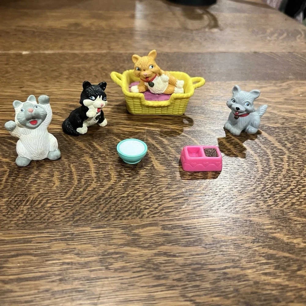VTG 90s Jasman My Precious Pets Lot with Cat Bed, 4 Cats, Saucer Of Milk, Bowl